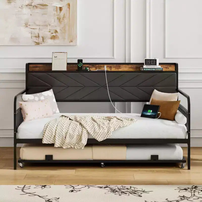 VECELO Letto a Giorno con Letto Estraibile, Struttura Letto con Testiera Contenitore e Stazione di Ricarica, Divano Letto con Forte Supporto per Soggiorno o Camera da Letto