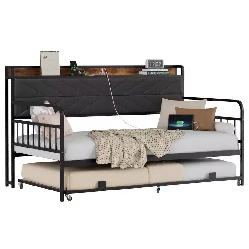 VECELO Letto a Giorno con Letto Estraibile, Struttura Letto con Testiera Contenitore e Stazione di Ricarica, Divano Letto con Forte Supporto per Soggiorno o Camera da Letto
