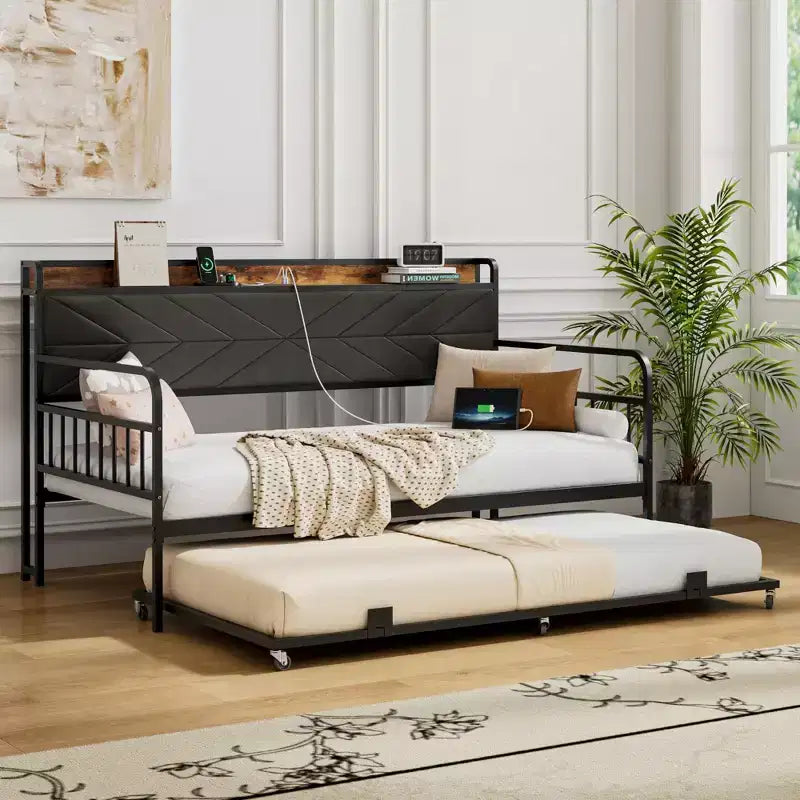 VECELO Letto a Giorno con Letto Estraibile, Struttura Letto con Testiera Contenitore e Stazione di Ricarica, Divano Letto con Forte Supporto per Soggiorno o Camera da Letto