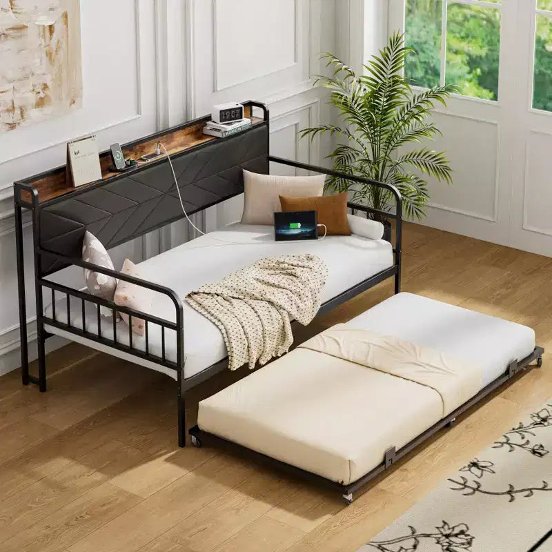 VECELO Letto a Giorno con Letto Estraibile, Struttura Letto con Testiera Contenitore e Stazione di Ricarica, Divano Letto con Forte Supporto per Soggiorno o Camera da Letto