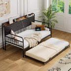 VECELO Letto a Giorno con Letto Estraibile, Struttura Letto con Testiera Contenitore e Stazione di Ricarica, Divano Letto con Forte Supporto per Soggiorno o Camera da Letto