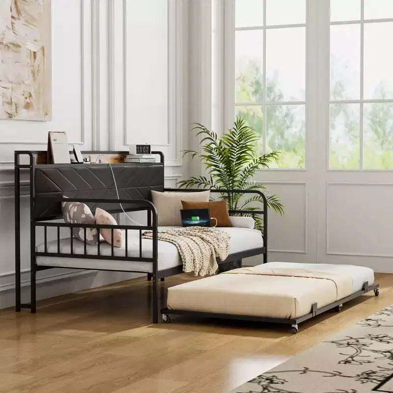 VECELO Letto a Giorno con Letto Estraibile, Struttura Letto con Testiera Contenitore e Stazione di Ricarica, Divano Letto con Forte Supporto per Soggiorno o Camera da Letto