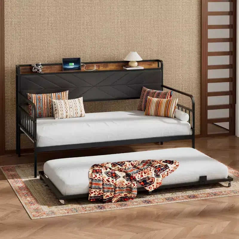 VECELO Letto a Giorno con Letto Estraibile, Struttura Letto con Testiera Contenitore e Stazione di Ricarica, Divano Letto con Forte Supporto per Soggiorno o Camera da Letto
