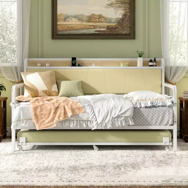 VECELO Letto a Giorno con Letto Estraibile, Struttura Letto con Testiera Contenitore e Stazione di Ricarica, Divano Letto con Forte Supporto per Soggiorno o Camera da Letto