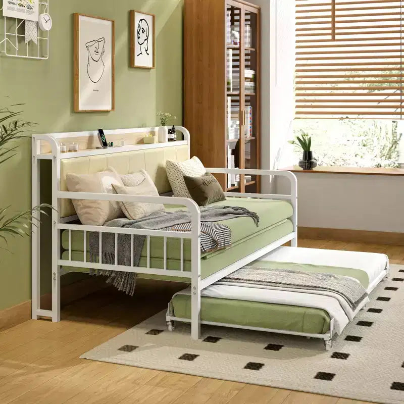VECELO Letto a Giorno con Letto Estraibile, Struttura Letto con Testiera Contenitore e Stazione di Ricarica, Divano Letto con Forte Supporto per Soggiorno o Camera da Letto