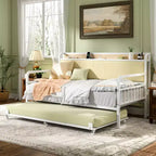 VECELO Daybed with Trundle Bed, Bed Frame with Storage Headboard and Charging Station, Sofa Day Bed with Strong Support for Living Room or Bedroom