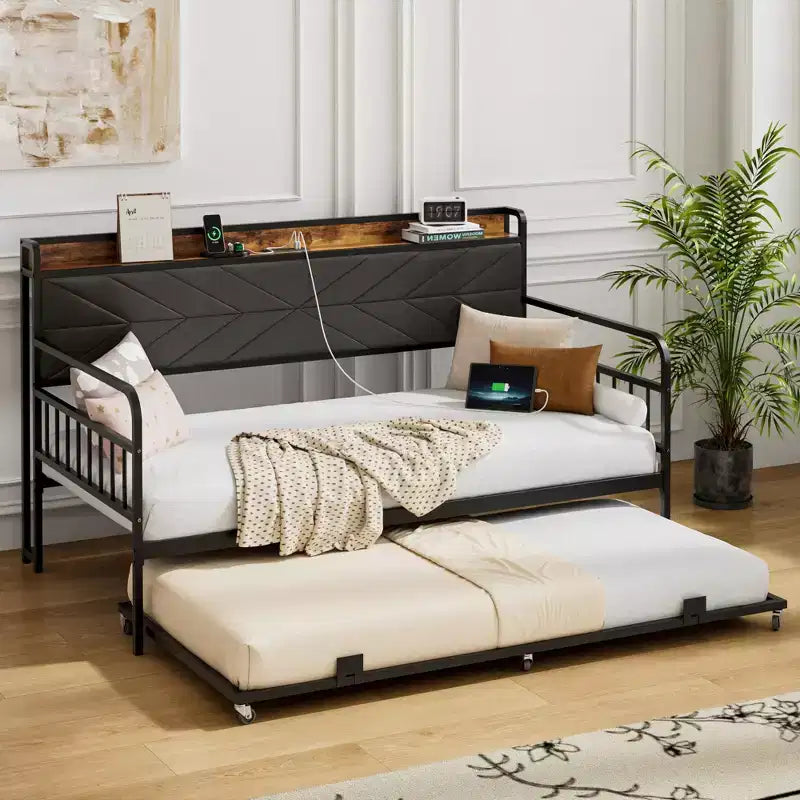 VECELO Letto a Giorno con Letto Estraibile, Struttura Letto con Testiera Contenitore e Stazione di Ricarica, Divano Letto con Forte Supporto per Soggiorno o Camera da Letto