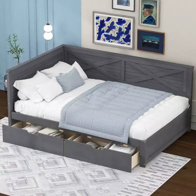 Twin Size Daybed Frame with Storage Drawers, Farmhouse L Shaped Corner Daybed Bed for Bedroom, Grey