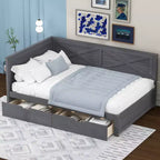 Twin Size Daybed Frame with Storage Drawers, Farmhouse L Shaped Corner Daybed Bed for Bedroom, Grey