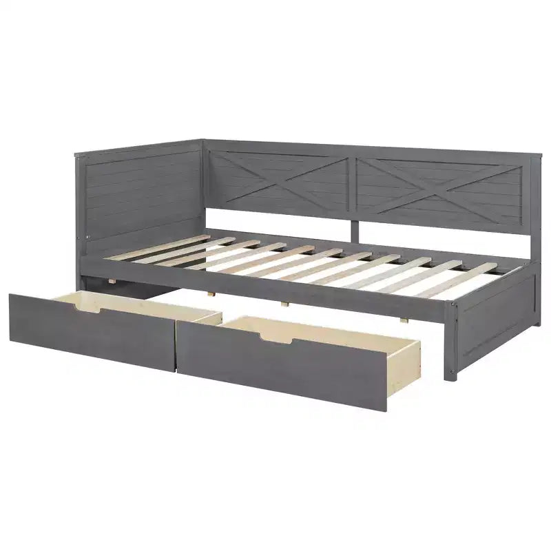 Struttura per divano letto singolo con cassetti contenitore, divano letto angolare a L in stile rustico per camera da letto, grigio