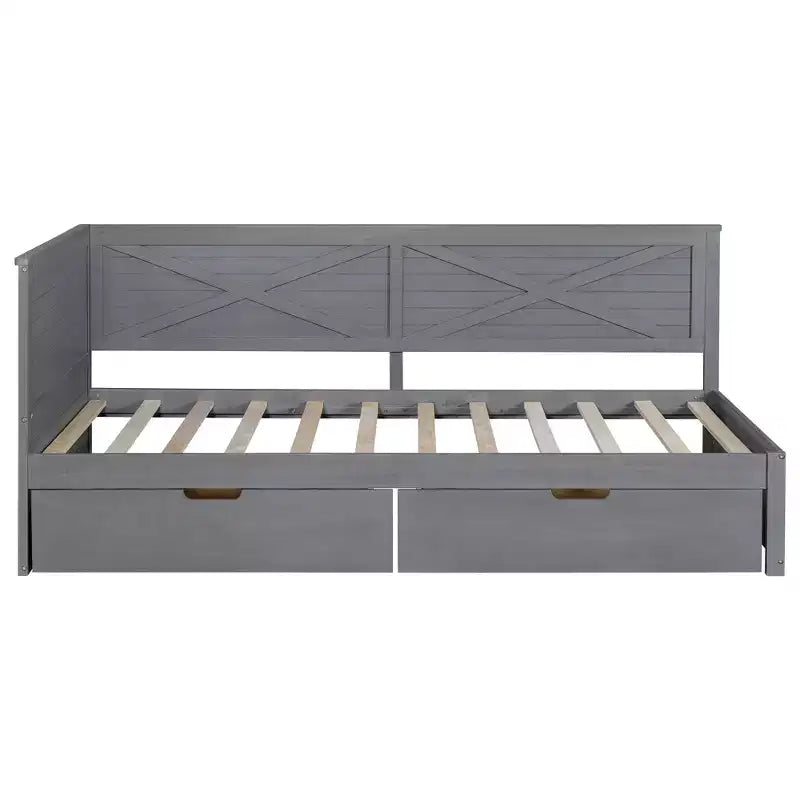 Struttura per divano letto singolo con cassetti contenitore, divano letto angolare a L in stile rustico per camera da letto, grigio