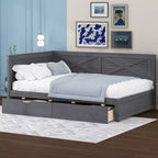 Struttura per divano letto singolo con cassetti contenitore, divano letto angolare a L in stile rustico per camera da letto, grigio