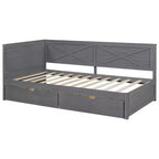 Struttura per divano letto singolo con cassetti contenitore, divano letto angolare a L in stile rustico per camera da letto, grigio