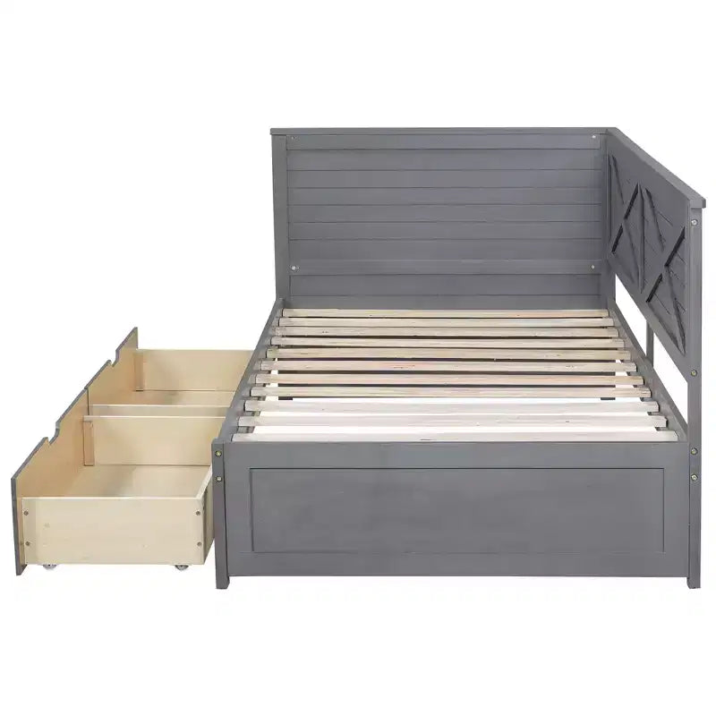 Struttura per divano letto singolo con cassetti contenitore, divano letto angolare a L in stile rustico per camera da letto, grigio