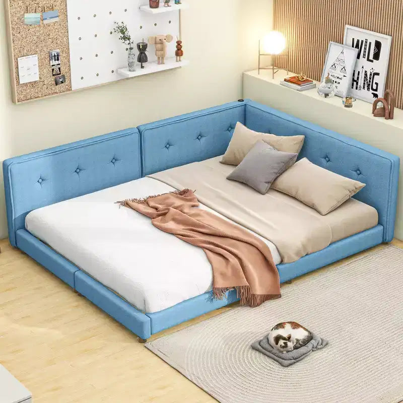 Divano Letto Angolare a L, Divano Letto Imbottito con Porte USB, Struttura Letto a Piattaforma in Lino Trapuntato con Testiera