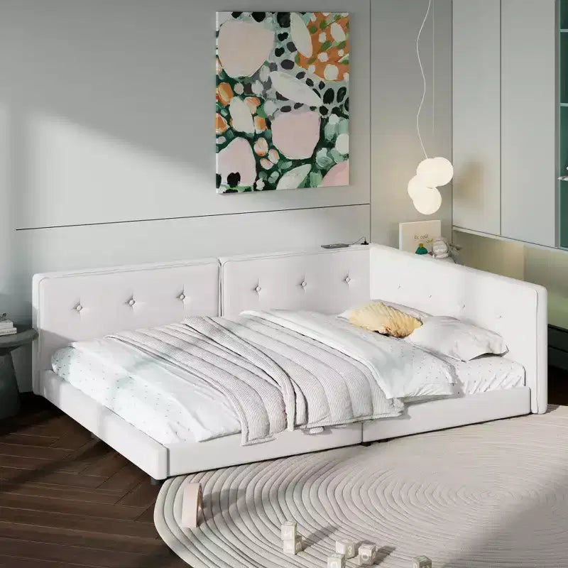 Divano Letto Angolare a L, Divano Letto Imbottito con Porte USB, Struttura Letto a Piattaforma in Lino Trapuntato con Testiera
