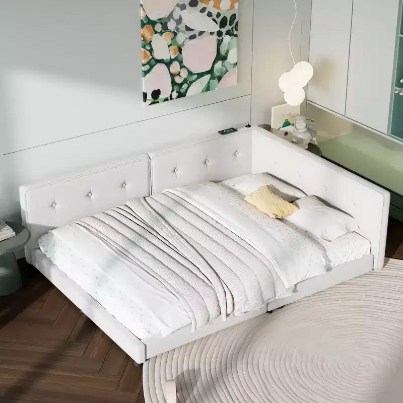 Divano Letto Angolare a L, Divano Letto Imbottito con Porte USB, Struttura Letto a Piattaforma in Lino Trapuntato con Testiera