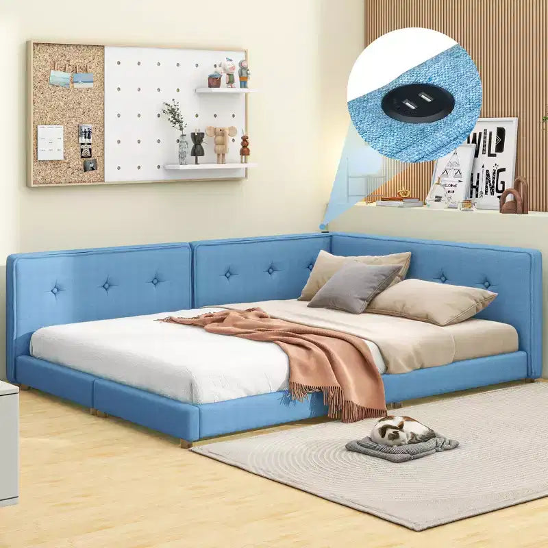 Divano Letto Angolare a L, Divano Letto Imbottito con Porte USB, Struttura Letto a Piattaforma in Lino Trapuntato con Testiera