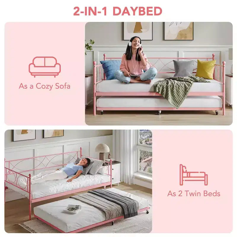 Set Divano Letto con Letto Estraibile - Divano Letto Singolo con Struttura in Metallo e Supporto a Doghe in Acciaio - Divano Letto Multifunzionale per Camera da Letto, Camera degli Ospiti
