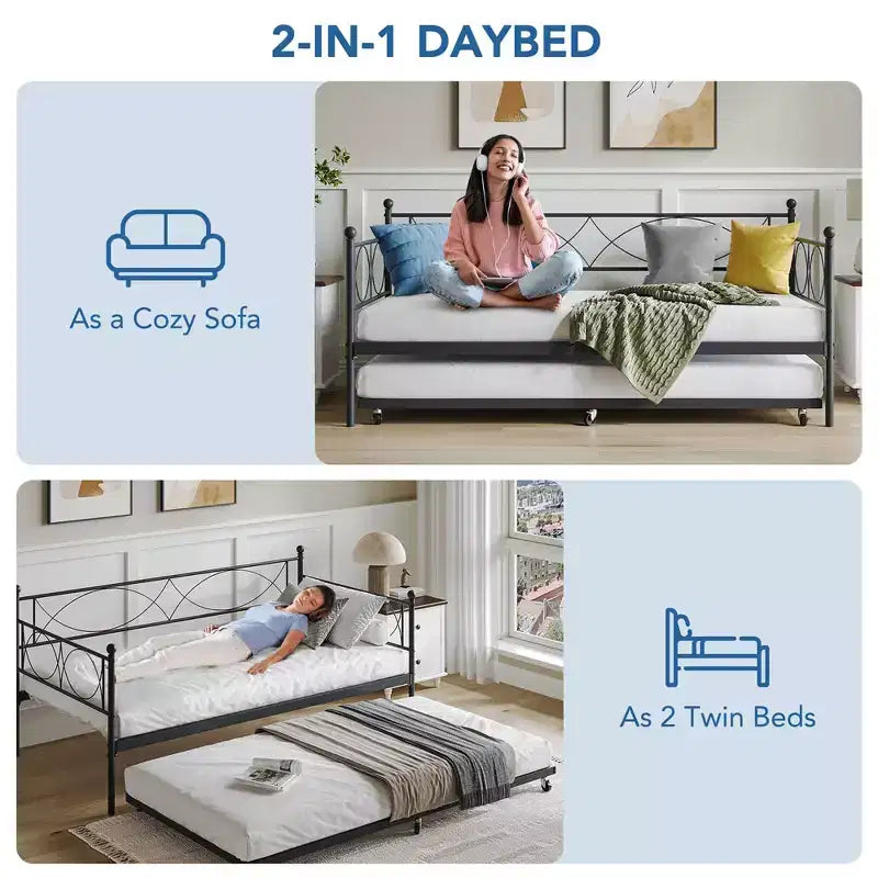 Set Divano Letto con Letto Estraibile - Divano Letto Singolo con Struttura in Metallo e Supporto a Doghe in Acciaio - Divano Letto Multifunzionale per Camera da Letto, Camera degli Ospiti