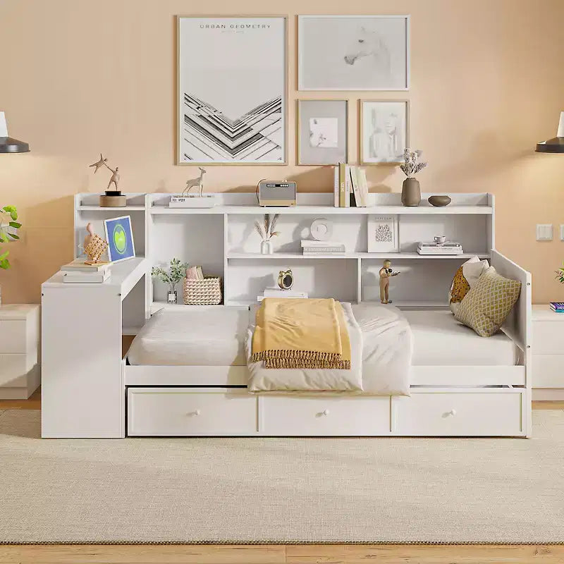Letto a giorno matrimoniale/full size con 3 cassetti, porte USB e scrivania - ModernLuxe