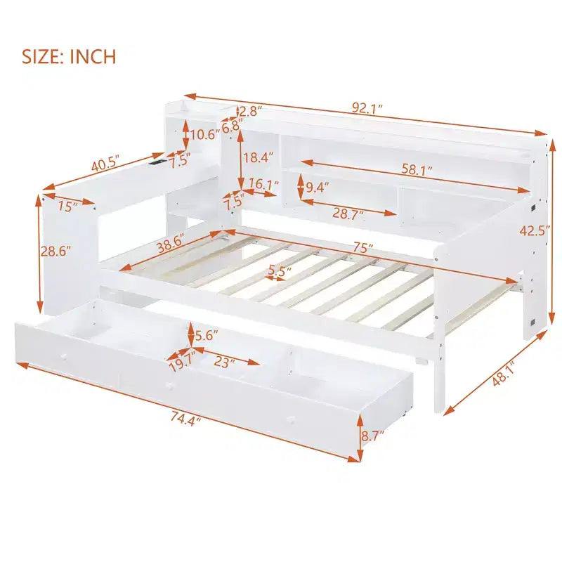 Letto a giorno matrimoniale/full size con 3 cassetti, porte USB e scrivania - ModernLuxe