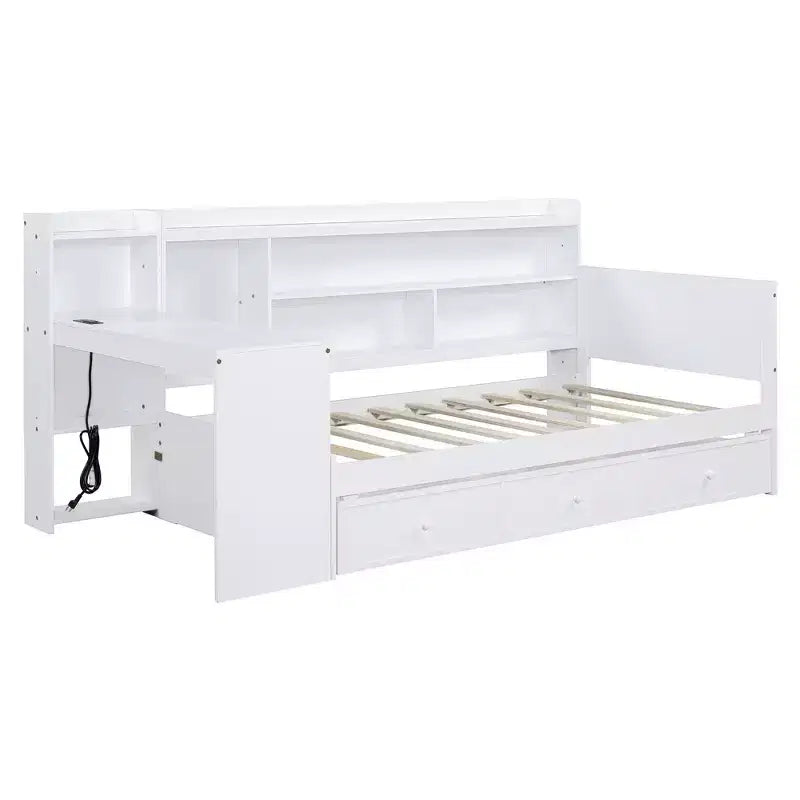 Letto a giorno matrimoniale/full size con 3 cassetti, porte USB e scrivania - ModernLuxe