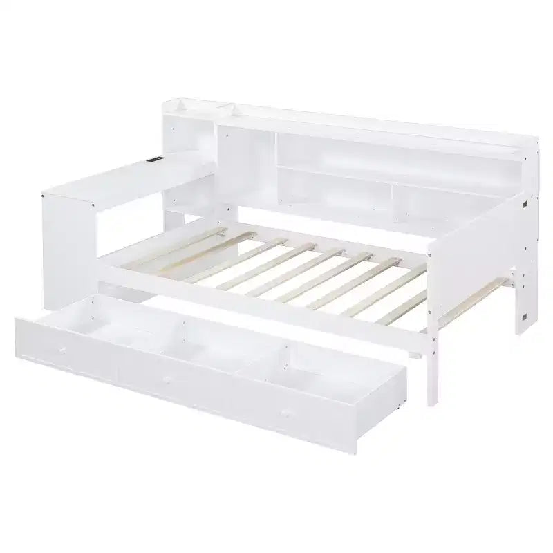 Letto a giorno matrimoniale/full size con 3 cassetti, porte USB e scrivania - ModernLuxe