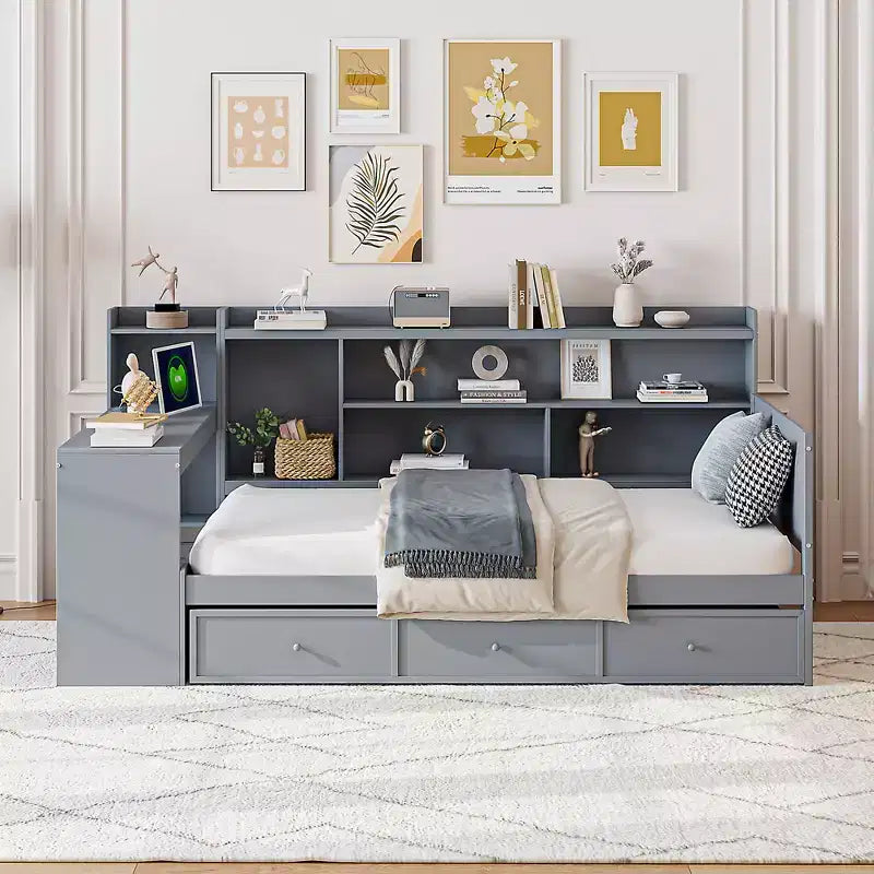 Letto a giorno matrimoniale/full size con 3 cassetti, porte USB e scrivania - ModernLuxe