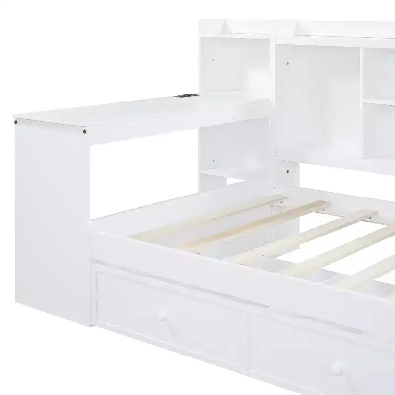 Letto a giorno matrimoniale/full size con 3 cassetti, porte USB e scrivania - ModernLuxe