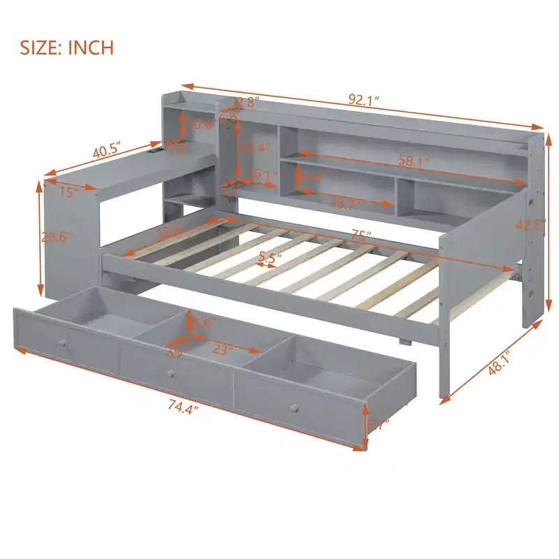 Letto a giorno matrimoniale/full size con 3 cassetti, porte USB e scrivania - ModernLuxe