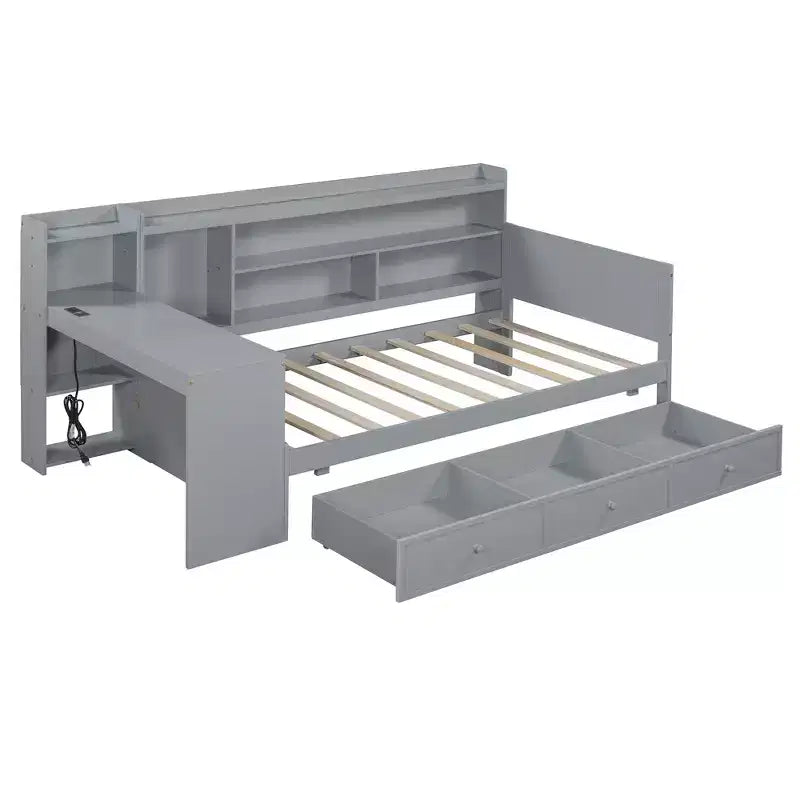 Letto a giorno matrimoniale/full size con 3 cassetti, porte USB e scrivania - ModernLuxe