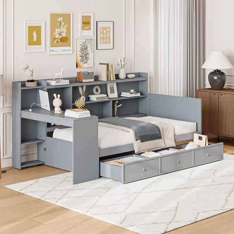 Twin/Full Size Daybed with 3 Drawers, USB Ports and Desk - ModernLuxe