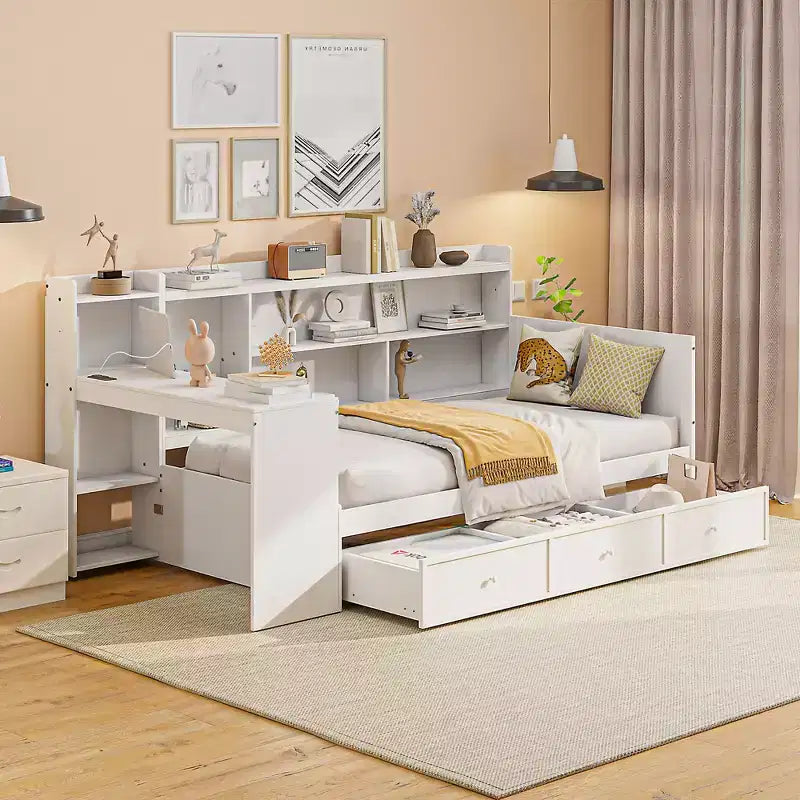 Letto a giorno matrimoniale/full size con 3 cassetti, porte USB e scrivania - ModernLuxe