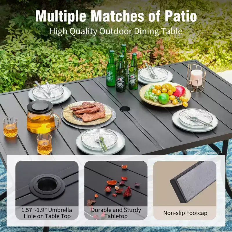 Captiva Designs Tavolo da pranzo rettangolare in acciaio con piano a doghe e sedie in acciaio nere e ombrellone beige - 8 pezzi