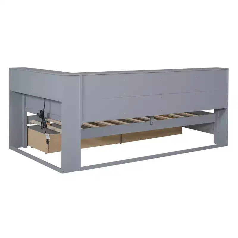 Divano Letto con Libreria a L e 2 Cassetti, Letto di Giorno in Legno con Ripiani Contenitore e Porte di Ricarica USB