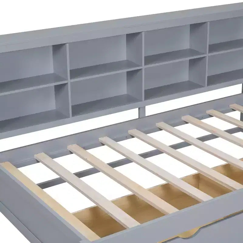 Divano Letto con Libreria a L e 2 Cassetti, Letto di Giorno in Legno con Ripiani Contenitore e Porte di Ricarica USB