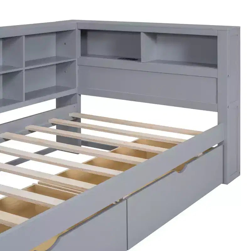 Divano Letto con Libreria a L e 2 Cassetti, Letto di Giorno in Legno con Ripiani Contenitore e Porte di Ricarica USB