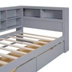 Divano Letto con Libreria a L e 2 Cassetti, Letto di Giorno in Legno con Ripiani Contenitore e Porte di Ricarica USB