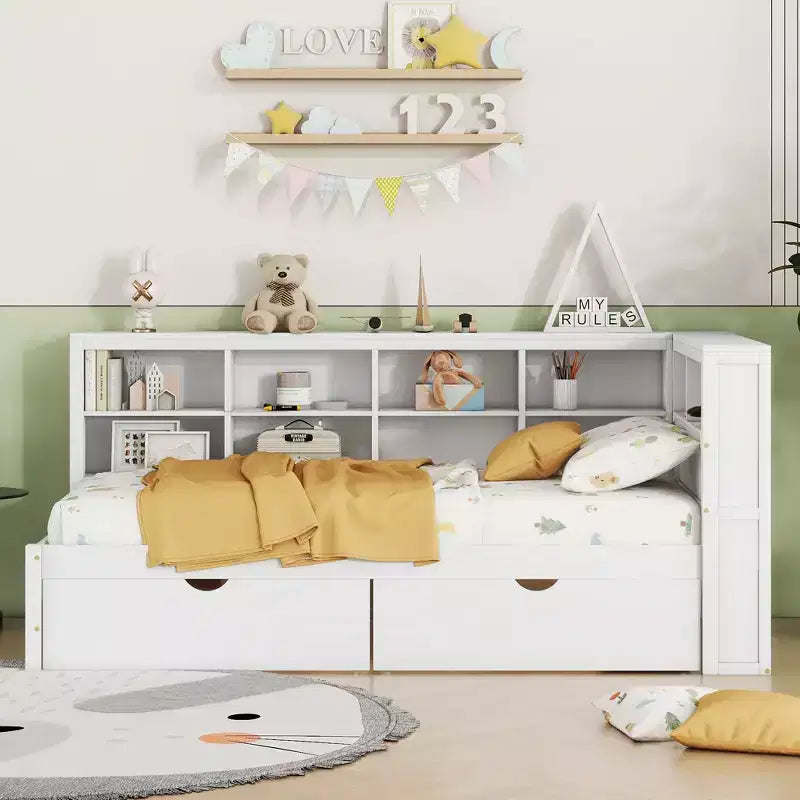 Divano Letto con Libreria a L e 2 Cassetti, Letto di Giorno in Legno con Ripiani Contenitore e Porte di Ricarica USB