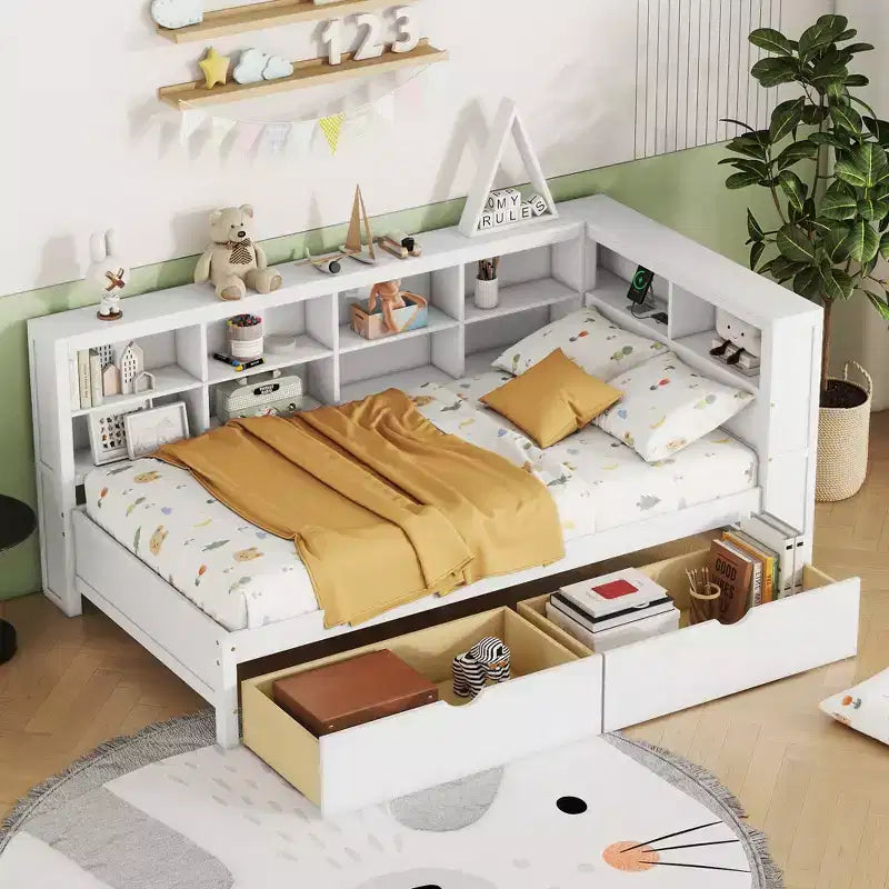 Divano Letto con Libreria a L e 2 Cassetti, Letto di Giorno in Legno con Ripiani Contenitore e Porte di Ricarica USB
