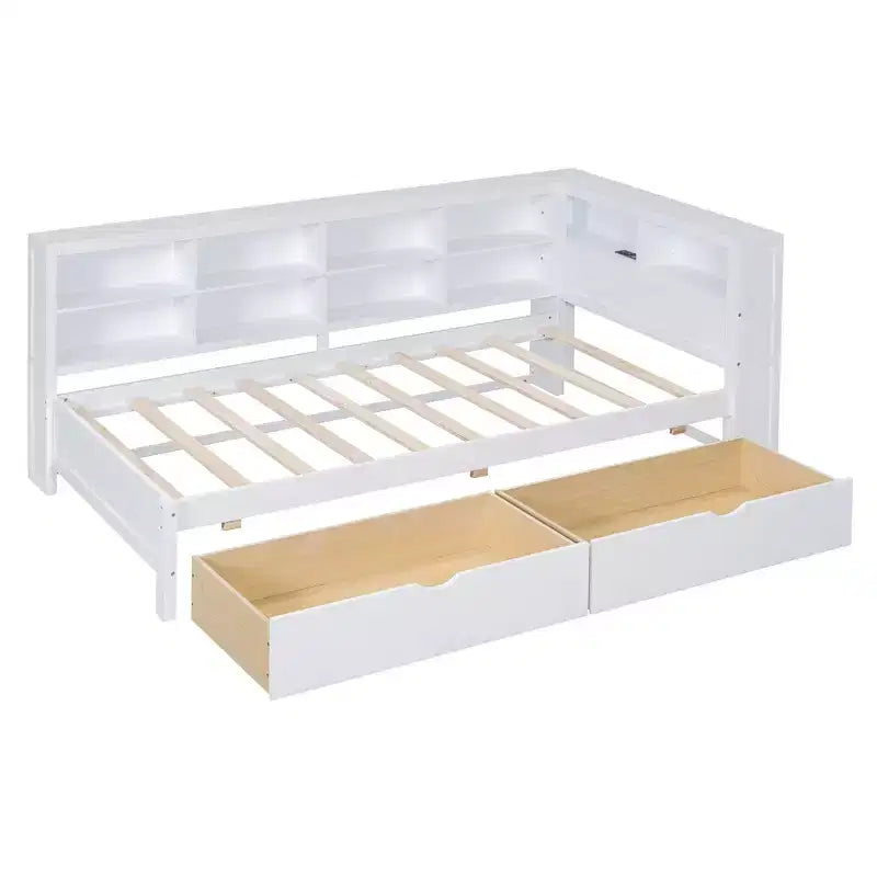 Divano Letto con Libreria a L e 2 Cassetti, Letto di Giorno in Legno con Ripiani Contenitore e Porte di Ricarica USB
