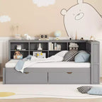 Divano Letto con Libreria a L e 2 Cassetti, Letto di Giorno in Legno con Ripiani Contenitore e Porte di Ricarica USB