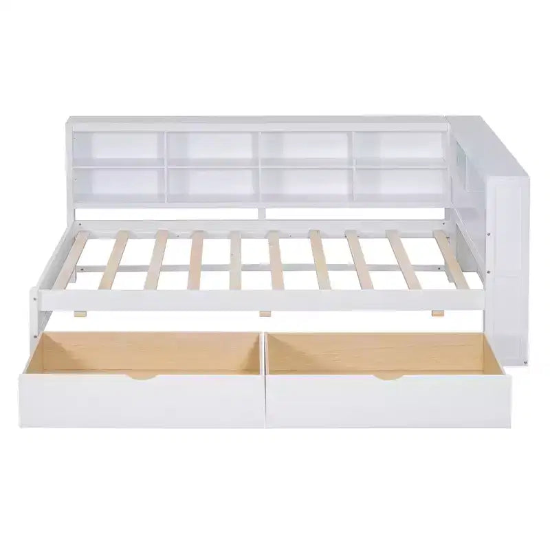 Divano Letto con Libreria a L e 2 Cassetti, Letto di Giorno in Legno con Ripiani Contenitore e Porte di Ricarica USB