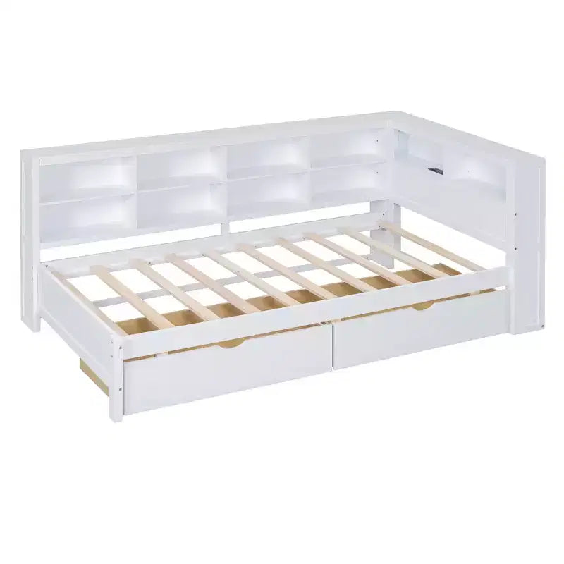 Divano Letto con Libreria a L e 2 Cassetti, Letto di Giorno in Legno con Ripiani Contenitore e Porte di Ricarica USB