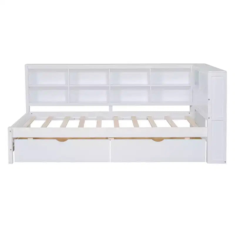 Divano Letto con Libreria a L e 2 Cassetti, Letto di Giorno in Legno con Ripiani Contenitore e Porte di Ricarica USB