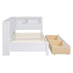 Divano Letto con Libreria a L e 2 Cassetti, Letto di Giorno in Legno con Ripiani Contenitore e Porte di Ricarica USB