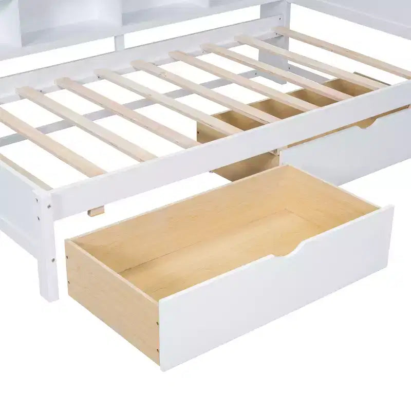 Divano Letto con Libreria a L e 2 Cassetti, Letto di Giorno in Legno con Ripiani Contenitore e Porte di Ricarica USB