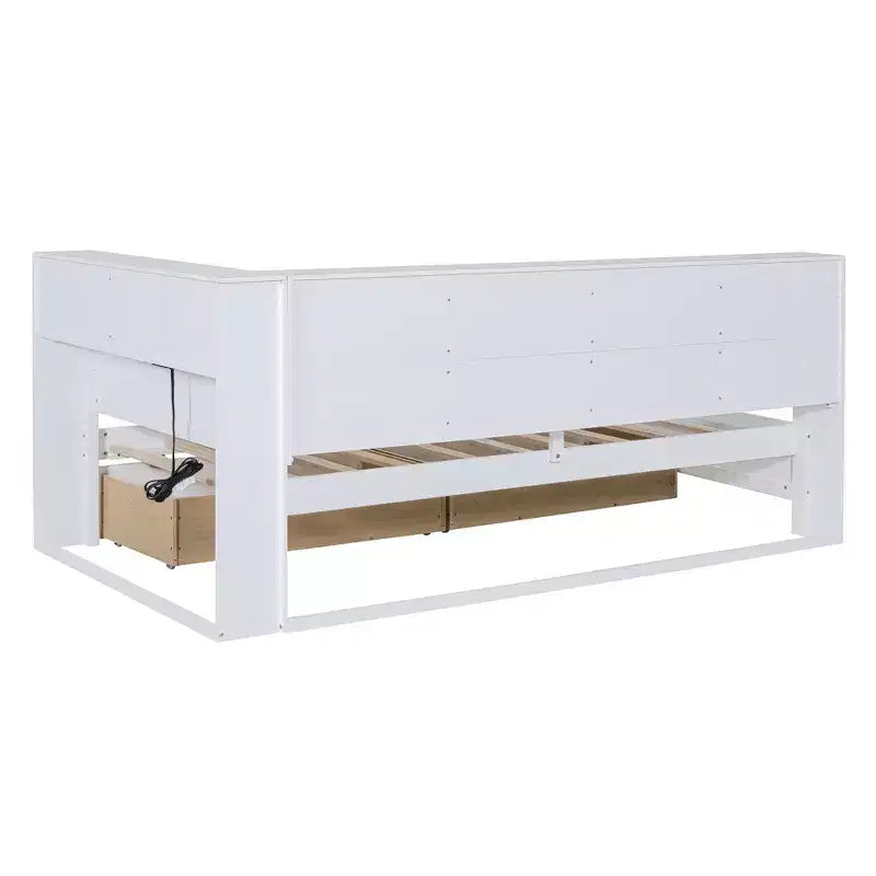 Divano Letto con Libreria a L e 2 Cassetti, Letto di Giorno in Legno con Ripiani Contenitore e Porte di Ricarica USB