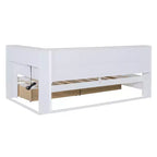 Divano Letto con Libreria a L e 2 Cassetti, Letto di Giorno in Legno con Ripiani Contenitore e Porte di Ricarica USB